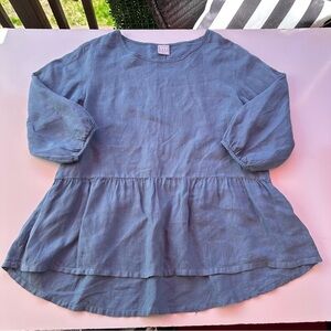 Pure Match Blue 100% Linen Long Sleeve Blouse Medium Made in USA